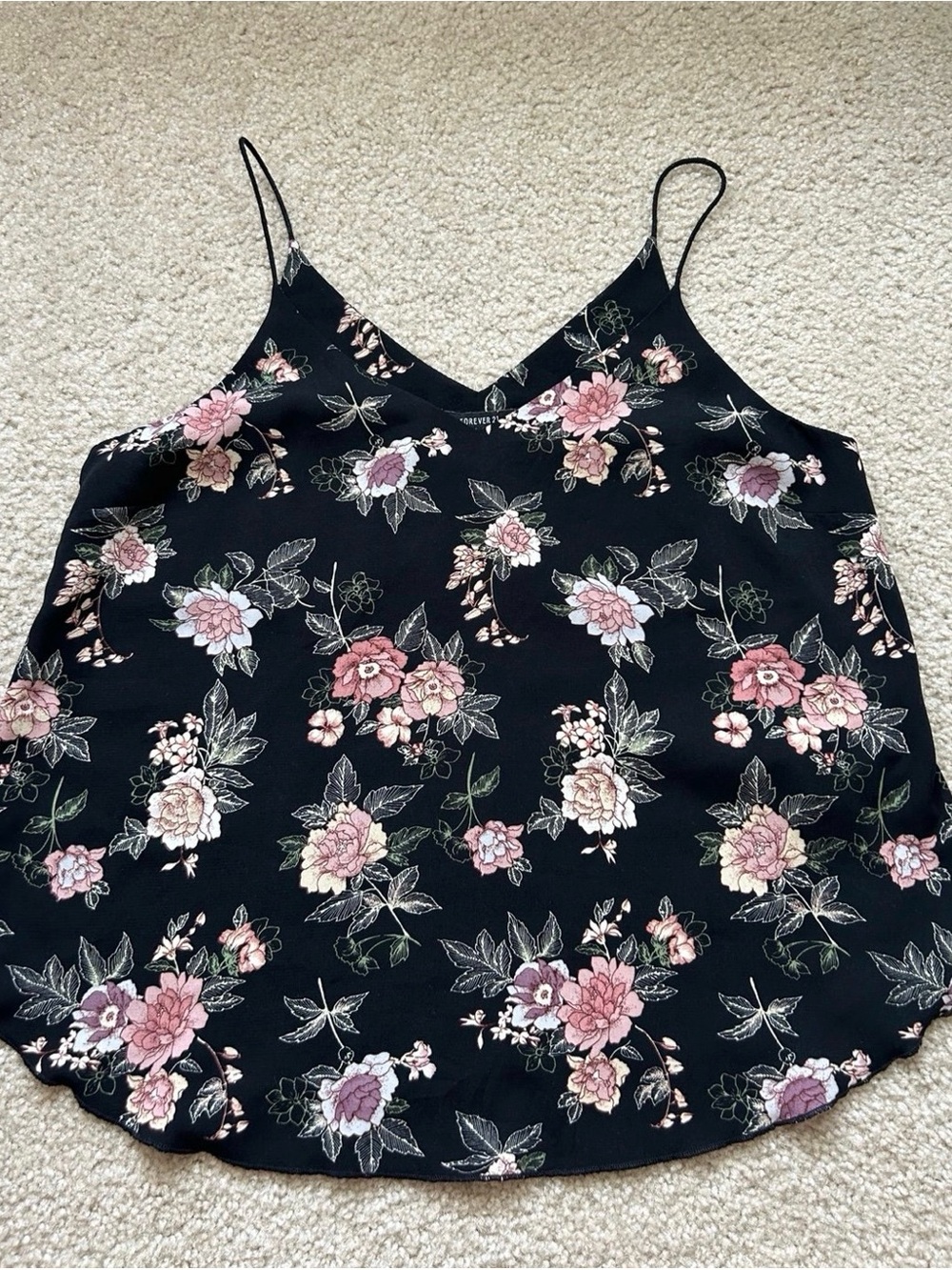 🌸 Dreamy Forever 21 Black Floral V-Neck Spaghetti Strap Camisole Top! ✨